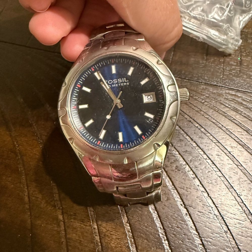 Fossil Silver and Blue with Date Display